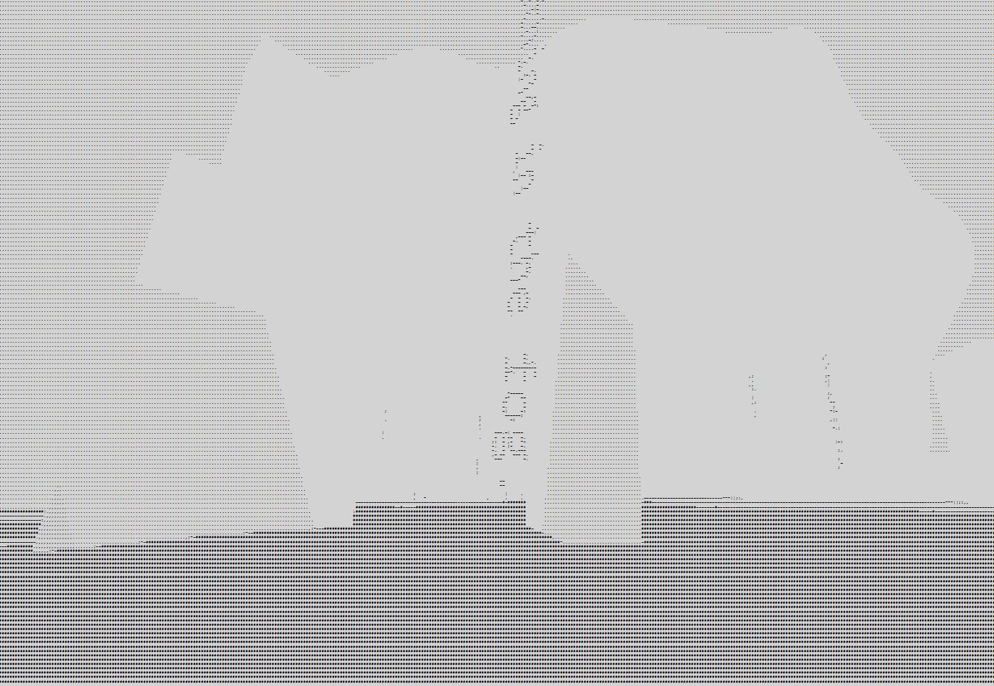 A 3D space with dark ground and light sky rendered in ASCII characters in black and white. The scene has buildings in the background and text in the foreground that reads “…in the fog.”