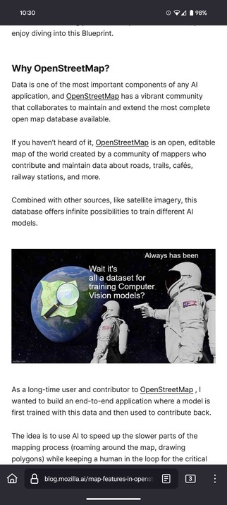 Screenshot of a Mozilla blog post about their use of Open street map Data to train ML systems with an embedded meme of the two astronauts claiming that everything is just content for training computer vision systems 