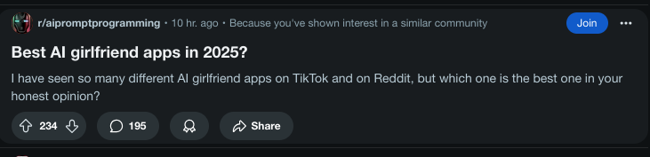 Screenshot of a reddit post asking for which AI girlfriend app is the best