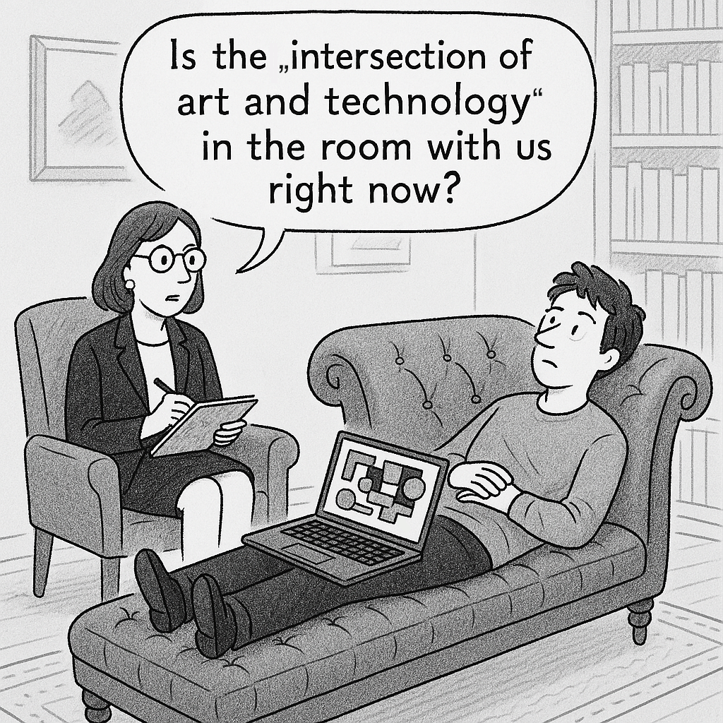 A New Yorker-style cartoon set in a psychoanalytic room. A female psychoanalyst with short hair, glasses, and a professional blazer sits comfortably in an armchair, holding a notepad and pen. She has an attentive yet slightly skeptical expression. Across from her, lying on a classic psychoanalytic couch, is a digital artist dressed casually in jeans and a hoodie. He gestures vaguely with one hand, as if struggling to articulate a deep thought. Above them, a comic-style speech bubble from the psychoanalyst reads: »Is the „intersection of art and technology“ in the room with us right now?« The room is cozy, with bookshelves, framed abstract art on the walls, and a large window casting soft light. The overall tone of the drawing is witty and intellectual, blending humor with a nod to philosophical debate.
