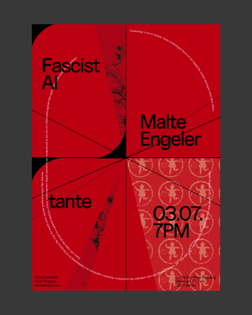 Video poster for the Event about "Fascist AI". 
It's a red background with animated, rotating lines on top. 

Aside from our names it also includes the address of the event
TU Berlin,
Straße des 17. Juni
10623 Berlin