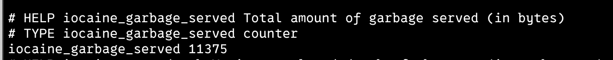 Screenshot of the iocaine Metrics showing it serving garbage to scrapers.