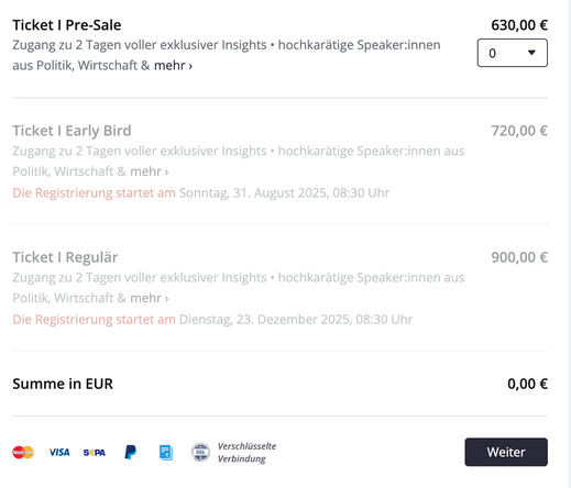 Screenshot einer Kostenaufstellung für Tickets zu einem Event. Im Presale kostet ein Ticket 630 EUR, "Early Bird" kostet 720 EUR und Regulär kostet 900 EUR.