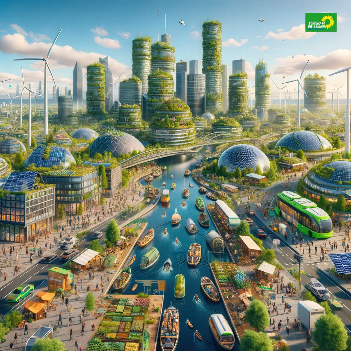 Another AI generated image of a cityscape - now with vertical forest on the skyscapers and the Green Party logo in the corner
