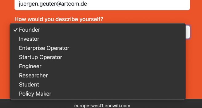 Screenshot of a selection field in a web form with values "Founder", "Investor", "Enterprise Operator", "Startup Operator",  "Engineer", "Researcher", "Student", "Policy Maker"