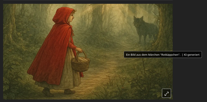 Ein Bild zum Märchen Rotkäppchen. Die Bildbeschreibung im Popup sagt "Bild aus dem Märchen Rotkäppchen - KI generiert"