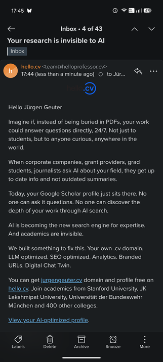 Screenshot of an email by some grifter trying to sell me some bullshit titled: Your research is invisible to AI