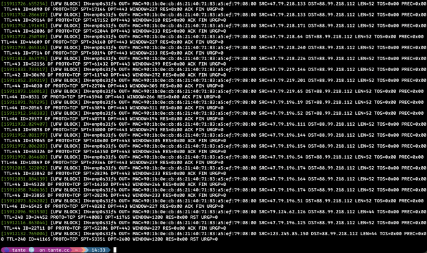 Screenshot of an output of the linux dmesg command showing just the server blocking IPs (all IPs that server blocks are AI scraper)